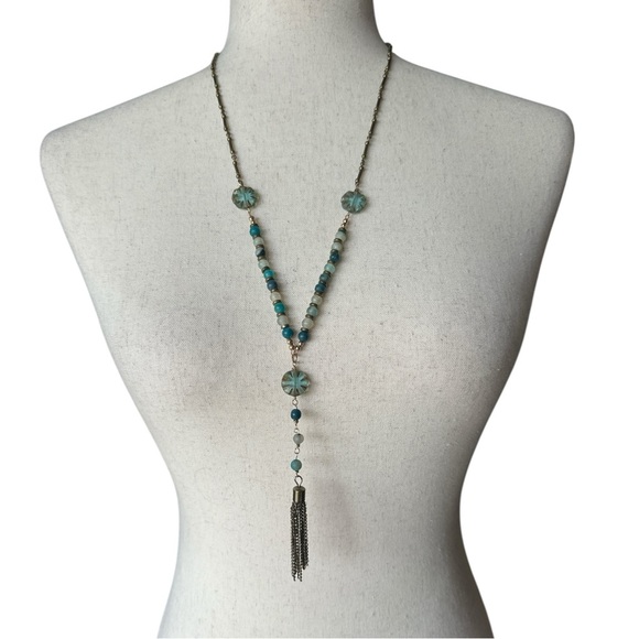 Vintage Boho Beaded Lariat Necklace | Turquoise & Gold Tassel Pendant - Picture 4 of 6